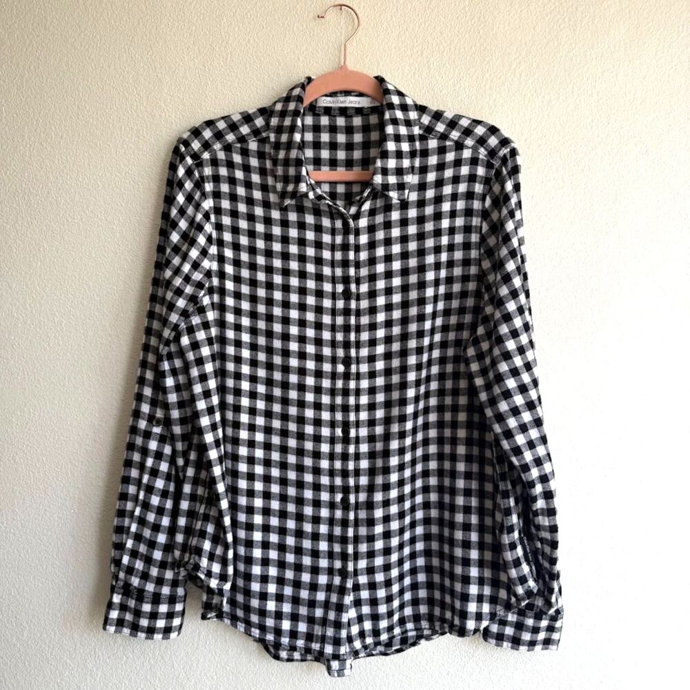 Calvin Klein Jeans Black & White Buffalo Check Flannel Button Down Shirt size L